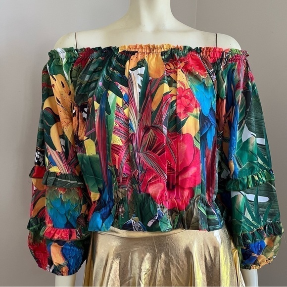 Nwt Rachel Zoe Women’s Tropical Butterfly 1/4 Sleeve Off shoulder Cropped Top L - Picture 1 of 16